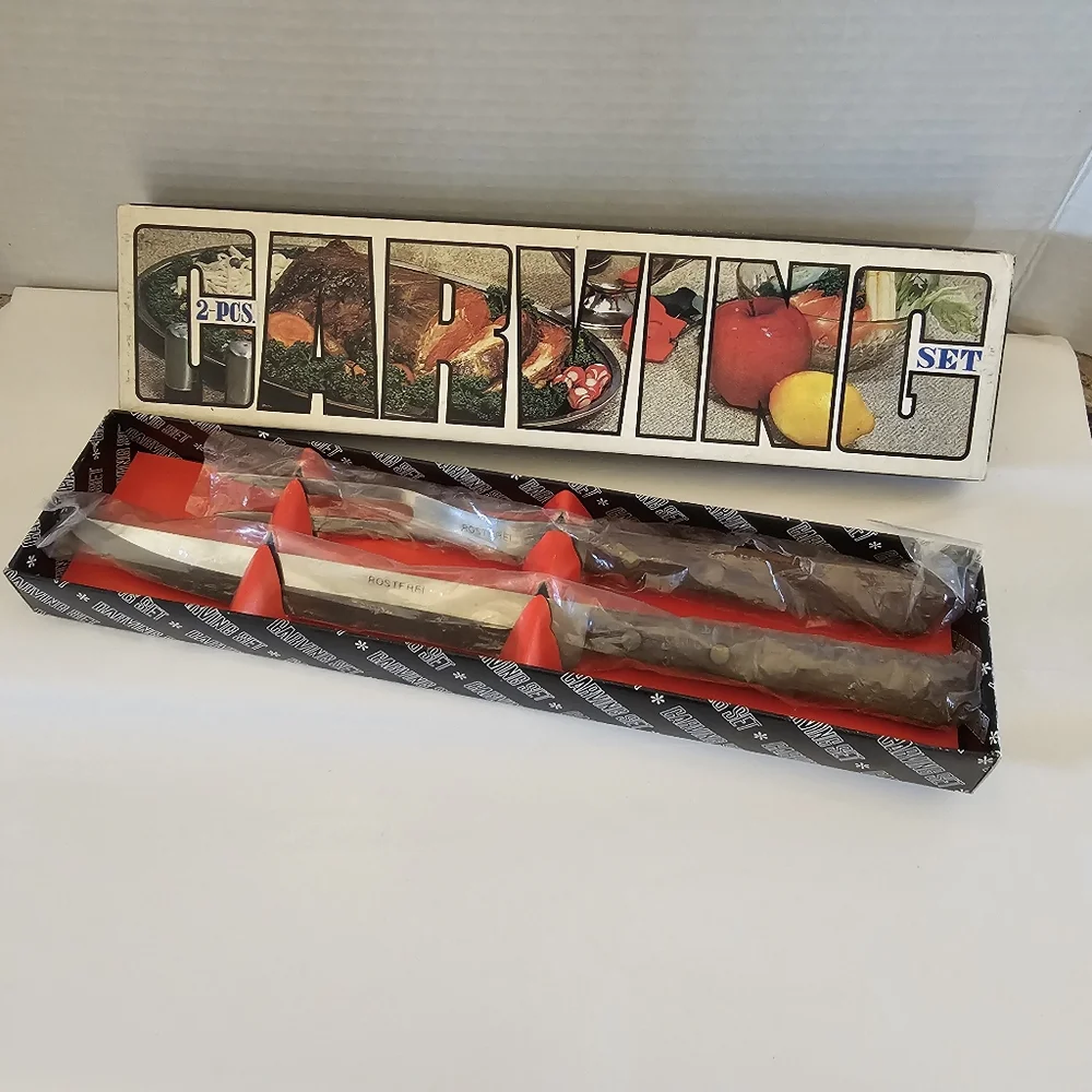 60's Rostfrei Wood Handle Meat Carving Knife & Fork Boxed Set Vintage MCM